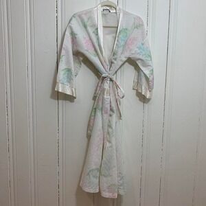Vintage Appel USA made white satin robe with floral‎ print women's medium
